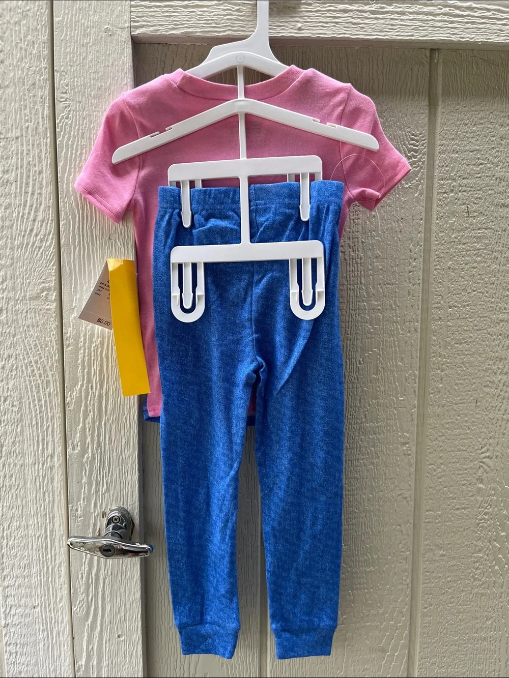 Rachel Pink Tee with Blue Overall-Print Top and Blue Leggings Set